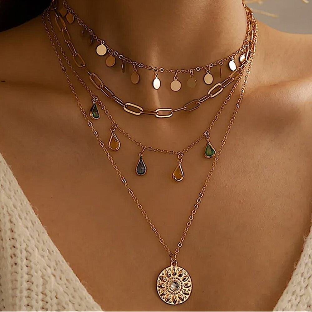 Gold Multilayer Boho Gemstone Drop Sun Paperclip Disk Necklace - Picture 2 of 6